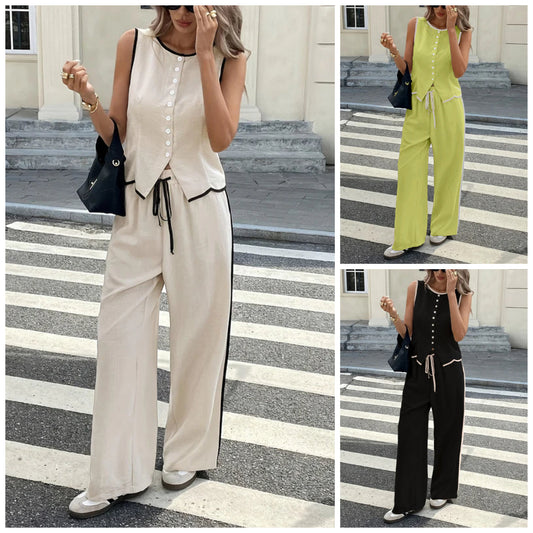 💕Vestă fără mâneci cu înfășurare contrastantă pentru femei și cu cordon pentru talie Cincher Set din două piese