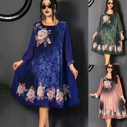 🌺 Femei florale imprimare rotund gât Mesh maneca rochie