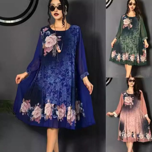 🌺 Femei florale imprimare rotund gât Mesh maneca rochie