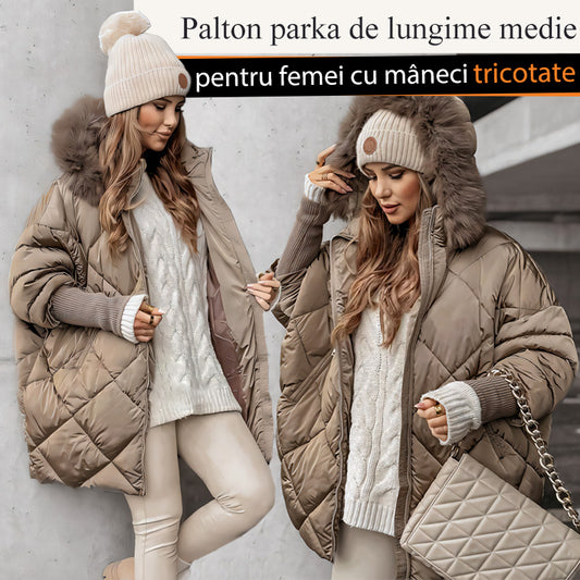 💖Palton parka de lungime medie pentru femei cu mâneci tricotate