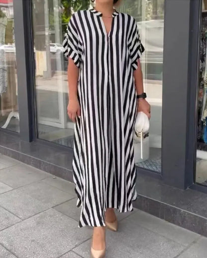 💖 Rochie cămașă cu imprimare în dungi și decolteu în V