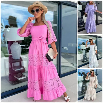 🎊2024 Nou 👗 Femei Trendy Splicing Tie Belt Square Neck Long Dresses