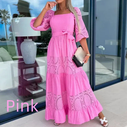 🎊2024 Nou 👗 Femei Trendy Splicing Tie Belt Square Neck Long Dresses