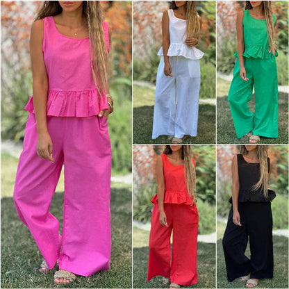 👗Set de două piese fără mâneci din bumbac și in de culoare solidă pentru femei