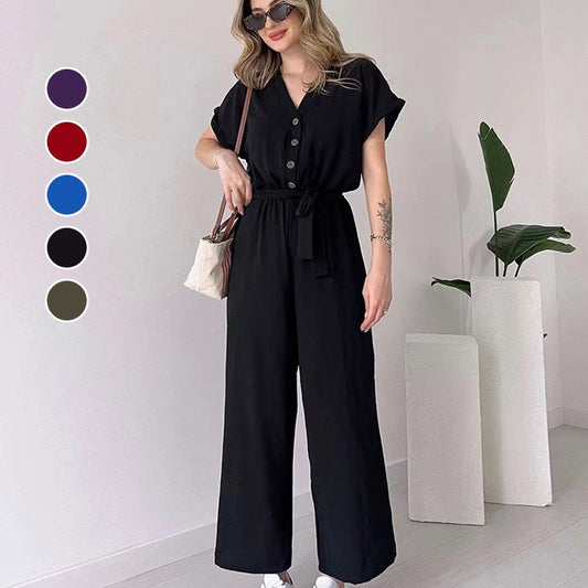 💖Jumpsuit casual cu mânecă scurtă și gât în V pentru femei