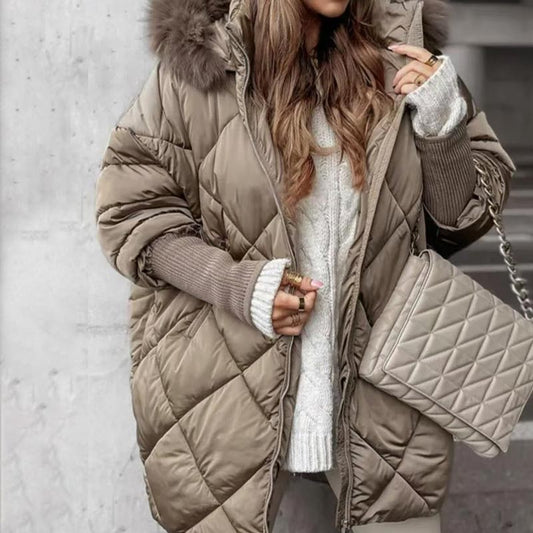 💖Femeii de iarnă la modă la mijlocul lung parka haina cu tricot Patchwork mâneci