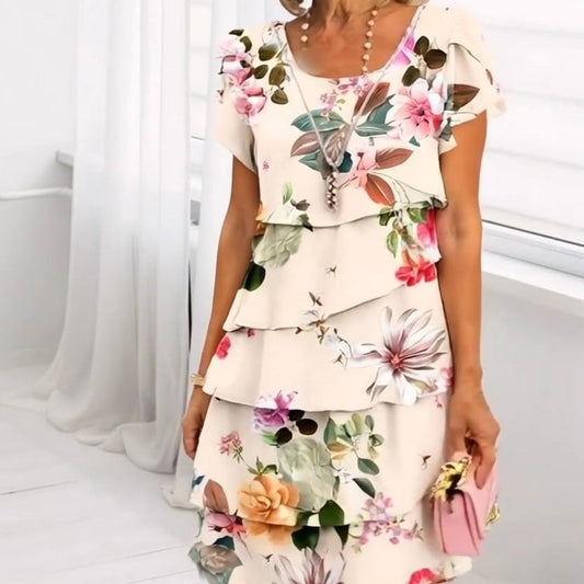 🌸 Rochie în cascadă cu imprimare florală în mai multe plante