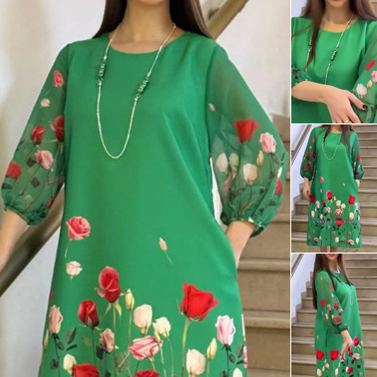 Rochie florală elegantă de damă cu decolteu rotund