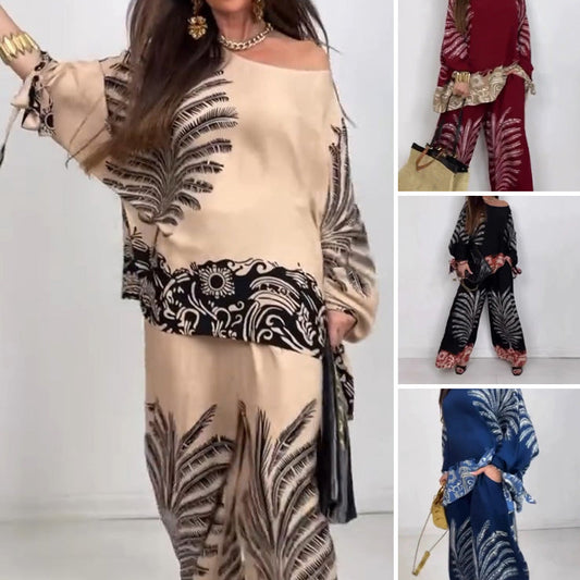 Femei stil etnic elegant imprimat Top Wide Leg pantaloni Set
