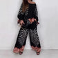 Femei stil etnic elegant imprimat Top Wide Leg pantaloni Set