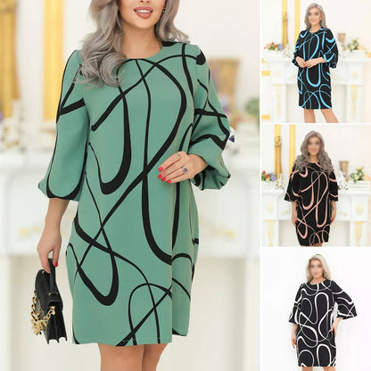 🌸 Rochie imprimată cu mânecă șapte sferturi și gât rotund