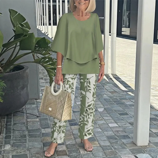 💖Set pantaloni imprimați și top cu gât rotund pentru femei