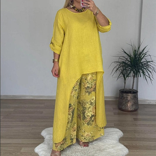 Top asimetric pentru femei și pantaloni imprimați, set din două piese