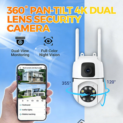 4K panorámás biztonsági kamera kettős lencsével és 360°-os forgatható és dönthető funkcióval