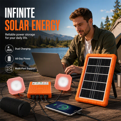 ☀️ 50% KEDVEZMÉNY MOST! Hordozható napelemes rendszer 2 LED lámpával – Off-grid napelemes generátorkészlet, többportos töltőállomás kempingezéshez, vészhelyzetre és szabadtéri használatra