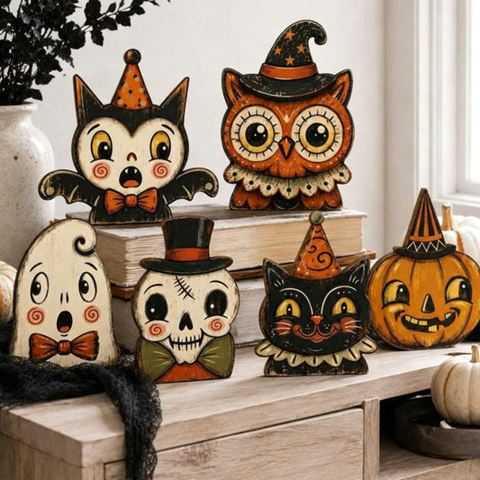 🎃✨Rétro fa Halloween‑asztali dísztárgyak👻